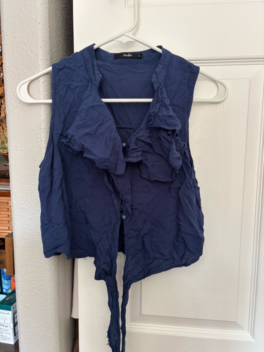 Papaya Navy Ruffle Front Sleeveless Tie Blouse
